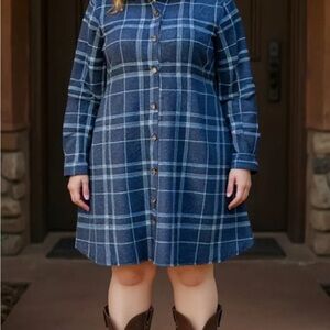 Gilli Navy Plaid Long Sleeve Flannel Button Down Dress Size 1X with pockets